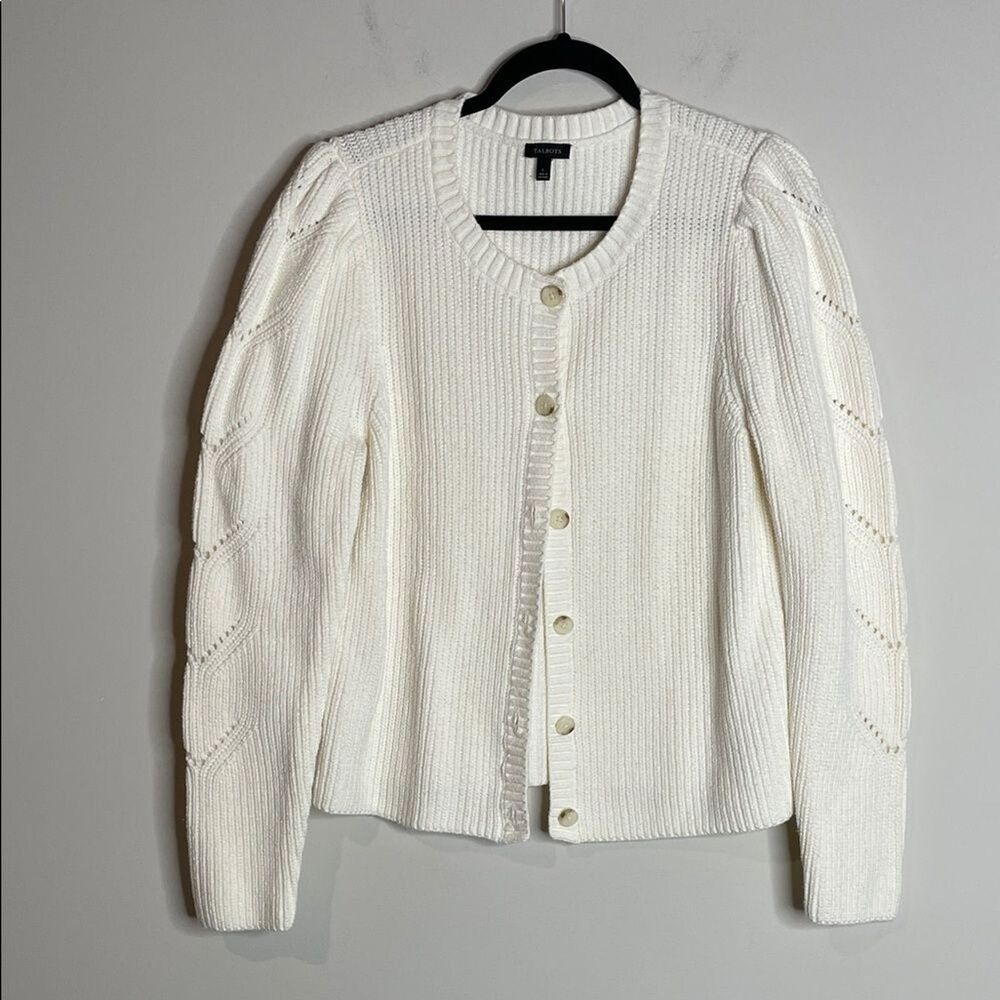 Talbots Women's Ivory Cable Knit Puff Sleeve Cardigan Size Large